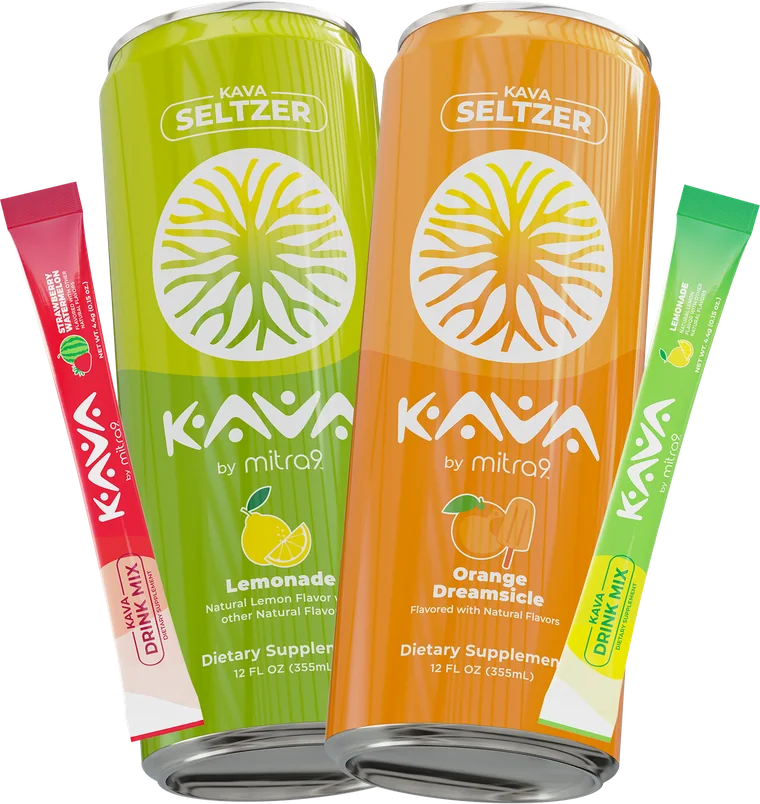 Kava by Mitra9 seltzer cans and kava drink mix packets