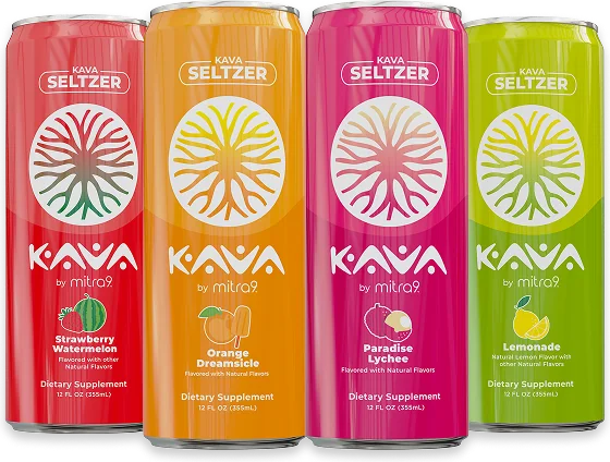 Kava by Mitra9 seltzers in Strawberry Watermelon, Orange Dreamsicle, Paradise Lychee and Lemonade